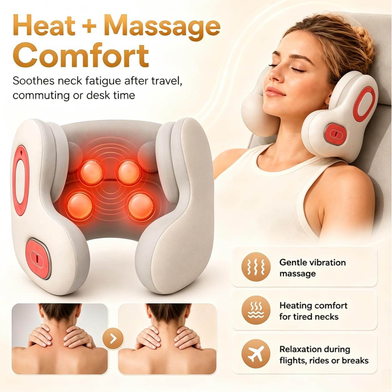 Almohada de Viaje Musical 3 en 1 Bluetooth con Calor y Masaje,masaje de cuello ANC, almohada portátil en forma de U,Coche y Descanso Diarioasaje