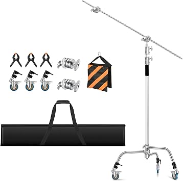 Heavy Duty C Stand 11.3ft/345cm C-Stand with Wheels Boom Arm Sturdy 100% Stainless Steel C Stand with Caster for Photography Studio Video Reflector, Umbrella, Softbox and Monolight