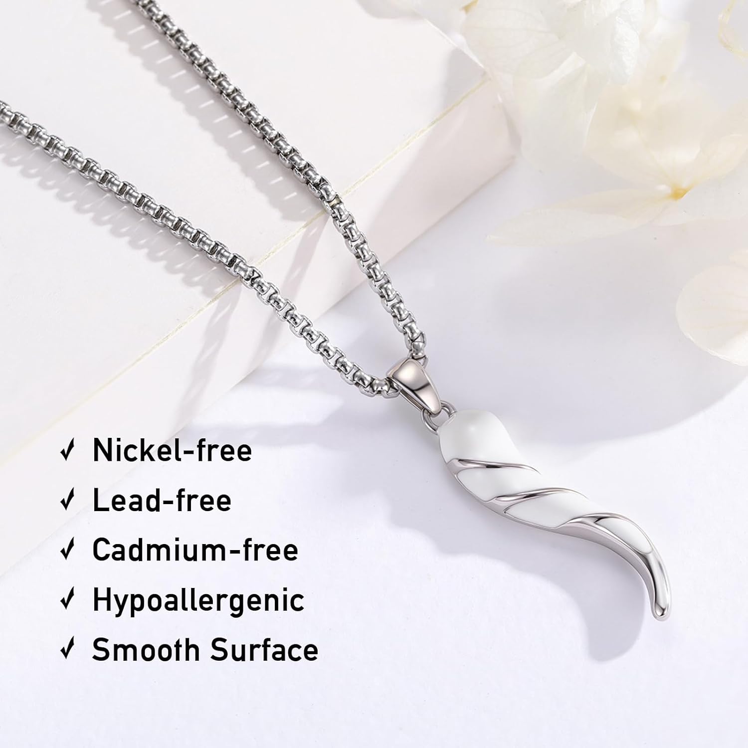 925 Sterling Silver Italian Horn Necklace Good Luck Cornicello Pendant with 22"+2" Stainless Steel Chain - Image 4