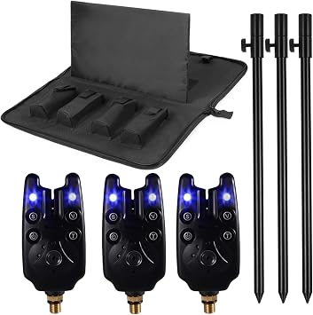 Fishing Bite Alarm Indicator Set LSOSVSEUs 3 LED Fishing Alarms 3 Extendable Aluminum Banksticks with Waterproof Tool Bag, Fishing Rods Set Bank Poles Set for catfishing