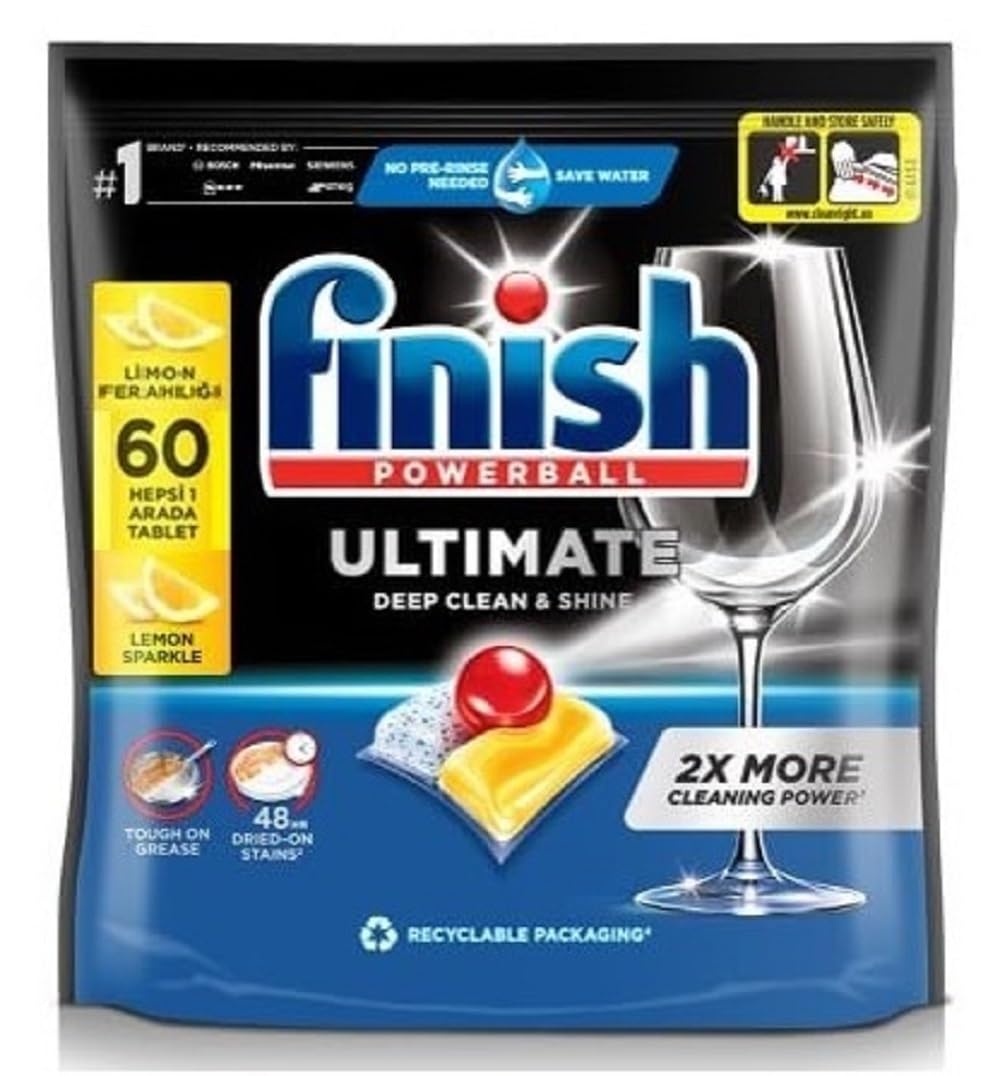 Finish POWERBALL Ultimate Quantum Kapsułki Cytrynowe | Środek czyszczący do zmywarki – 60 Tabletek