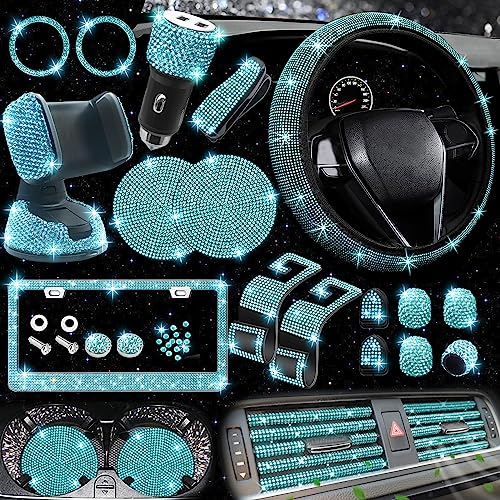 Image of NBTEPEM 27 PCs Aquamrine Bling Car Accessories Set for Women, Steering Wheel Covers Universal Fit 15 Inch, Bling License Plate Frame, Bling Phone Holder, Bling Car Coasters (Aquamrine Diamond)