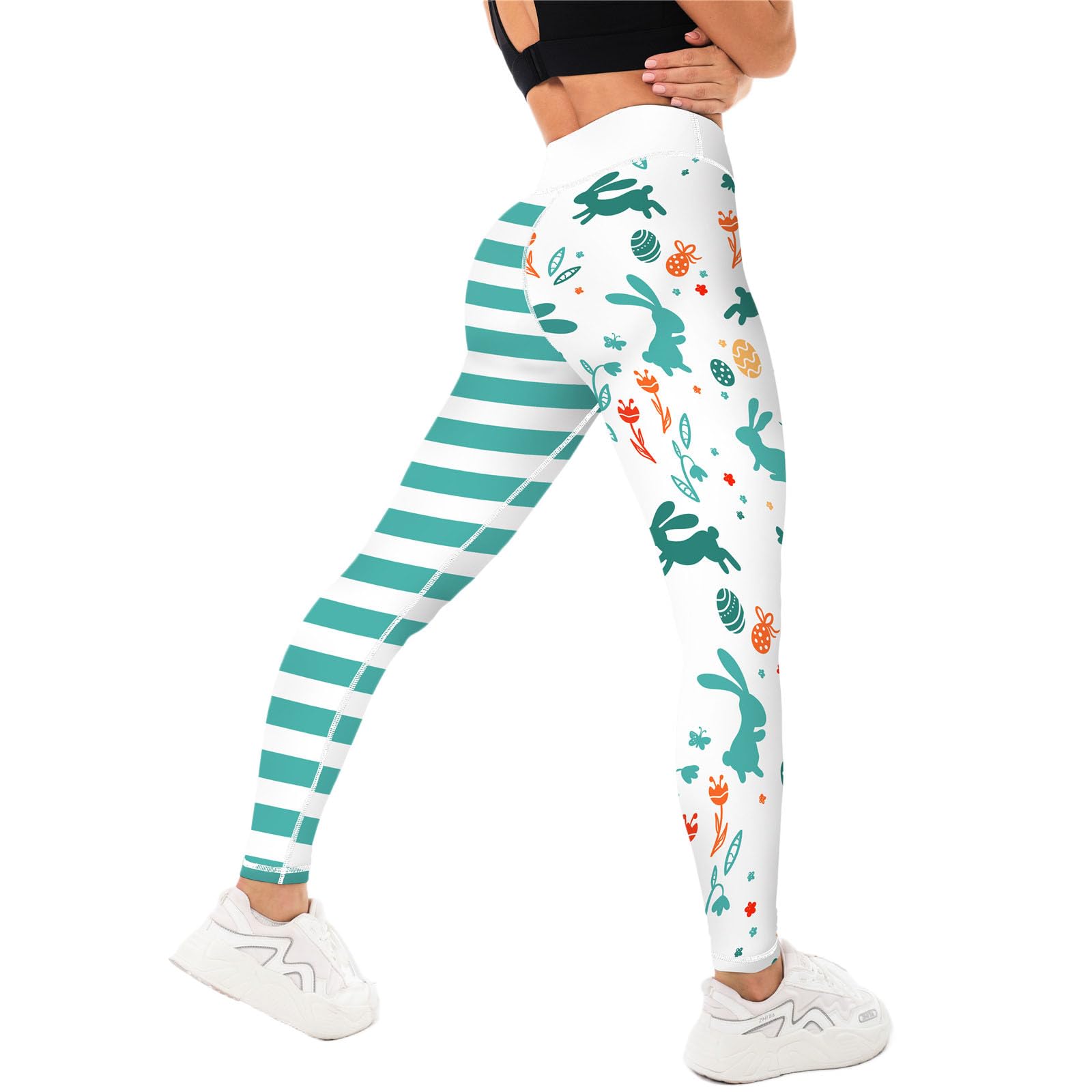 Women Easter Printed Leggings High Waist Tights Trendy Workout Yoga Pants(L, Aqua Blue Stripe)