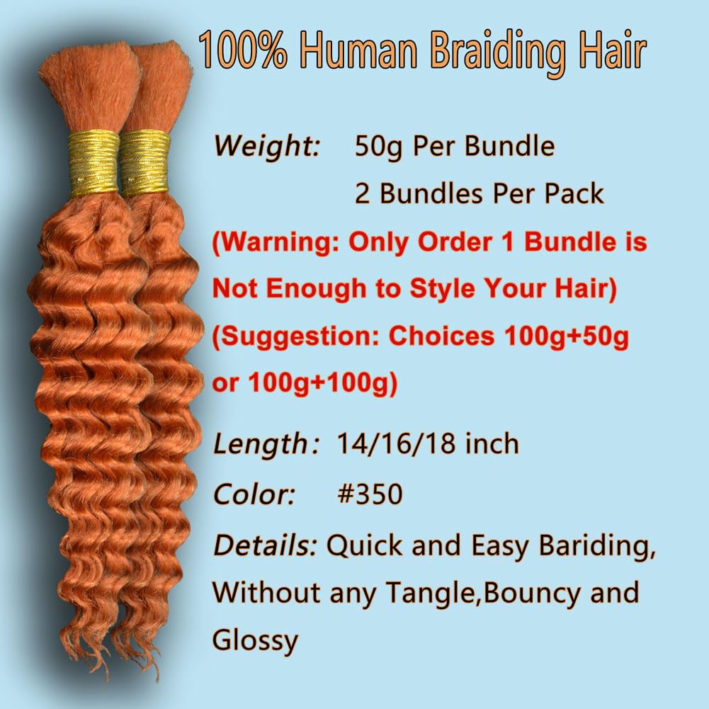 Eileen 350 ginger human braiding hair 16 Inch 100g 2 Bundles Deep Wave Bulk Human Hair for Braiding Curly Human Hair for Boho Braids Water Wet and Wavy Curls