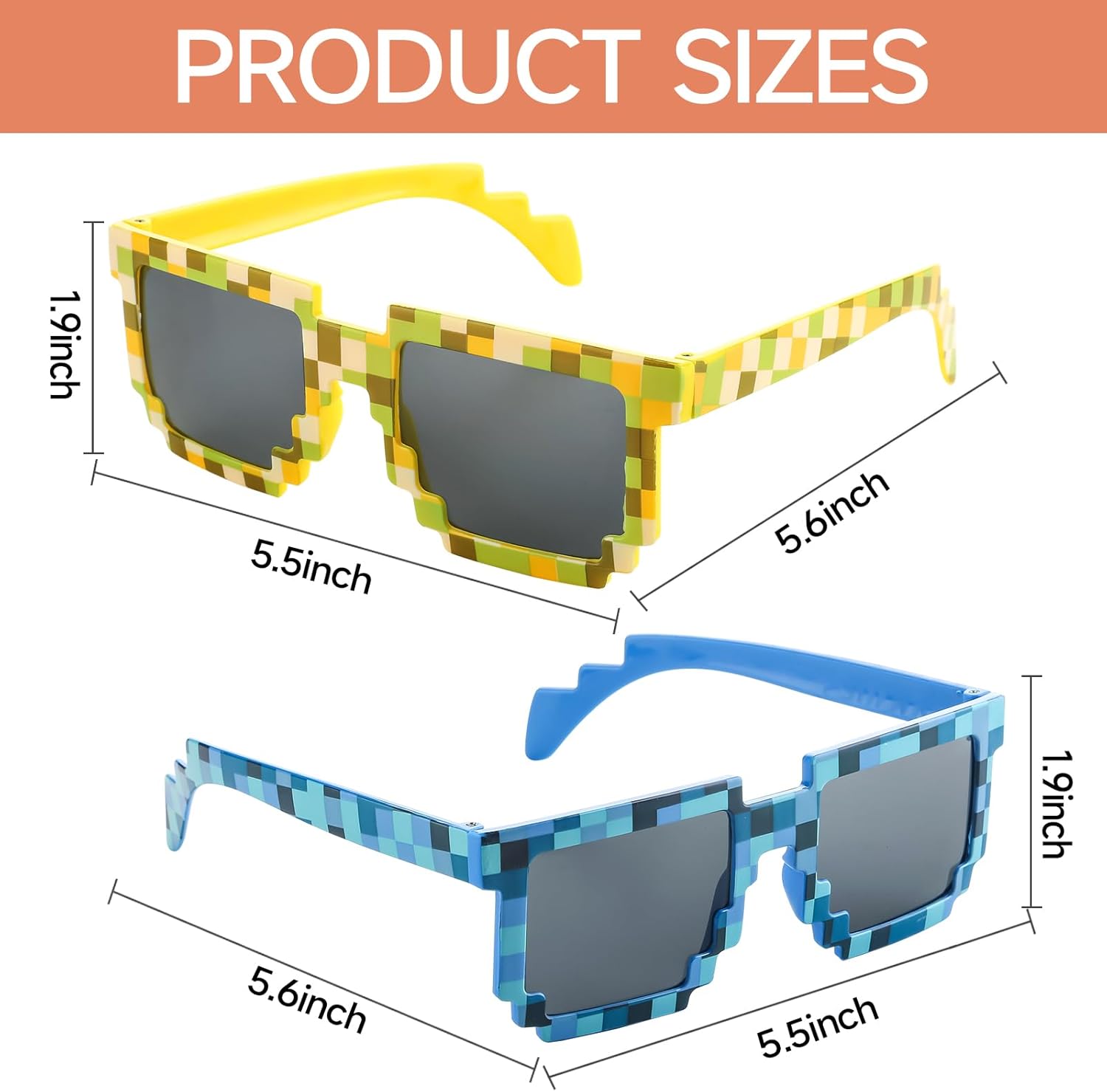 PintreeLand 24PCS Pixel Sunglasses Party Pack, Video Game Style Glasses in 8 Colors, Party Favors and Photo Props