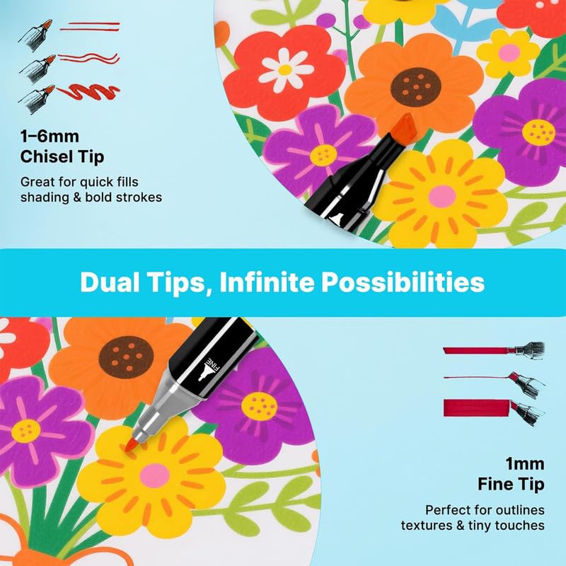 Image of Dual Tip Colorful Art Markers 24 Colors Sketch Pens With Carry Bag For Painting Sketching Calligraphy Drawing,Chisel & Fine Tip Water Based Colouring Marker For Kids & Adult,Multicolor (24)