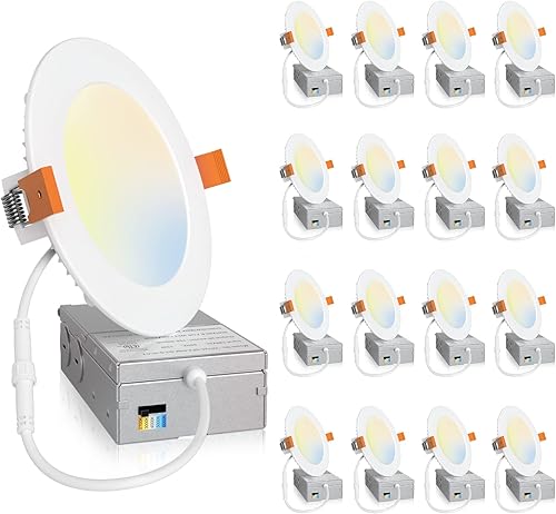 Amico Paquete de 16 luces LED empotrables ultrafinas de 4 pulgadas 5CCT con caja de conexiones, 2700K/3000K/4000K/5000K/6000K seleccionable, 11W Eqv
