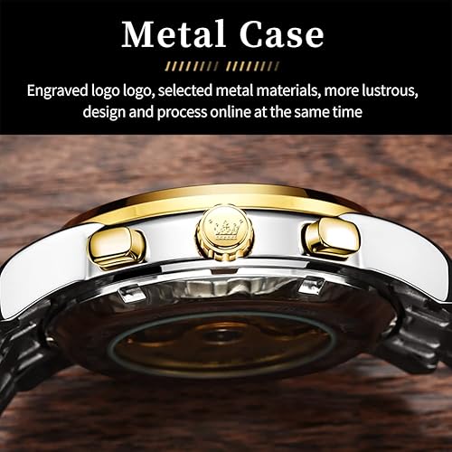 Miniatura 6 de OLEVS Relojes para hombre automático esqueleto 5 manecillas mecánico reloj de lujo clásico calendario acero inoxidable impermeable reloj de pulsera