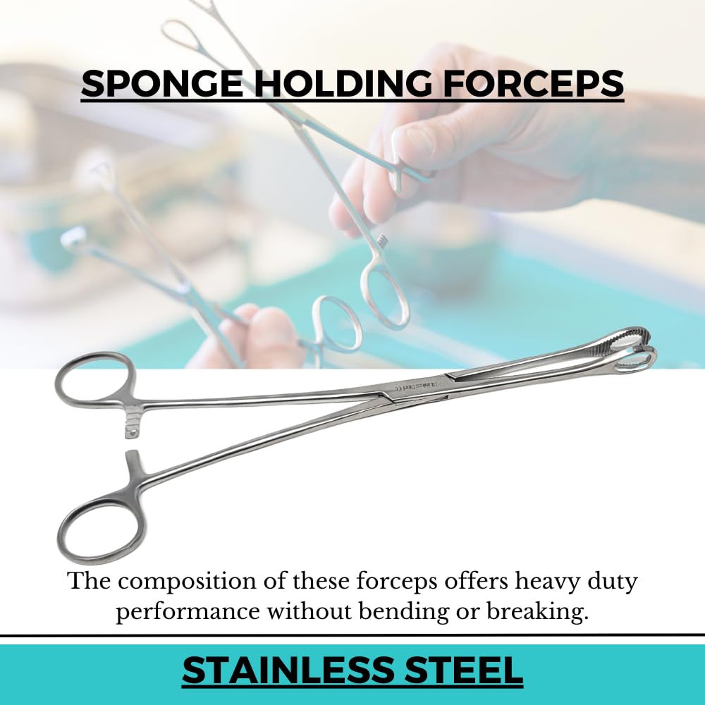 Foerster Sponge Forceps Straight + Curved Serrated Loop Jaws Holding Instruments Body Piercing Locking Clamps, Stainless Steel (9.5" - Straight) — Amazon image 2