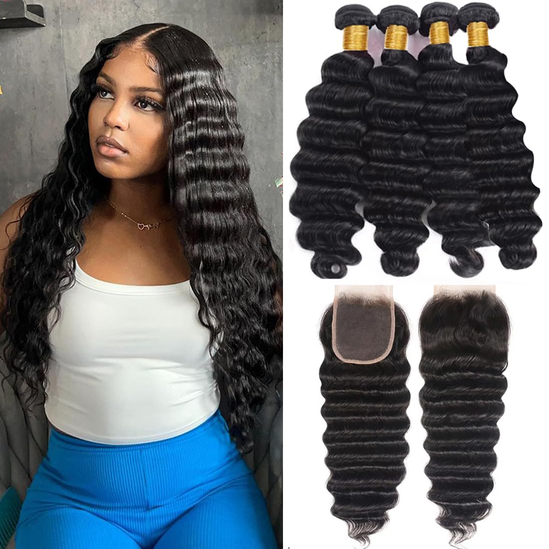 Loose Deep Wave Bundles with Closure Human Hair(16 18 20 22+14 Inch,Free Part)Pre Plucked with Baby Hair 100% Unprocessed Loose Wave Closure with