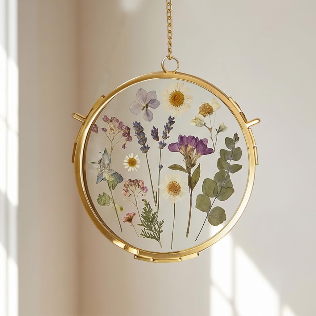 Circular Metal Glass Photo Frame Wall Hanging Natural Dried Flower Holder