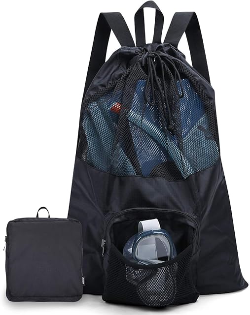 Amazon Brand - Eono Packable Sports Mesh Bag with 35L Upgraded Capacity & Vented Design, Ultra-Light Mesh Drawstring Bag for Gym, Beach Accessories, Swimming Gear, Snorkeling Equipment