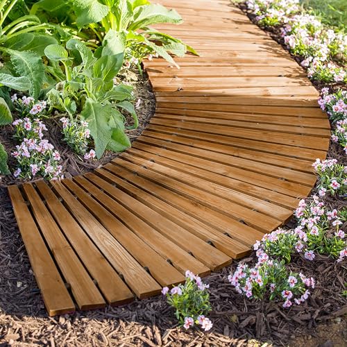 Plow & Hearth 6' Curved Outdoor Wooden Pathway | 17' Wide Rollout Outdoor Garden Walkway | Weather-Resistant Hardwood Cedar Board Walkway Landscape Edging | Decorative Lawn Patio Wedding Party