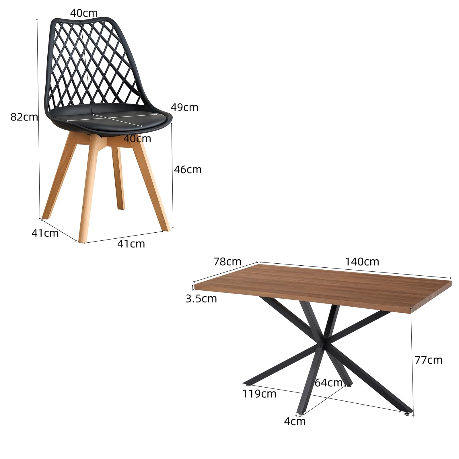 GrandCA HOME Set Tavolo e Sedie da Pranzo, Tavolo da Pranzo Rettangolare da 140 cm, 4 Sedie in Polipropilene a Rete, Adatto per Cucina, Sala da Pranzo e Soggiorno - Legno Scuro + Nero