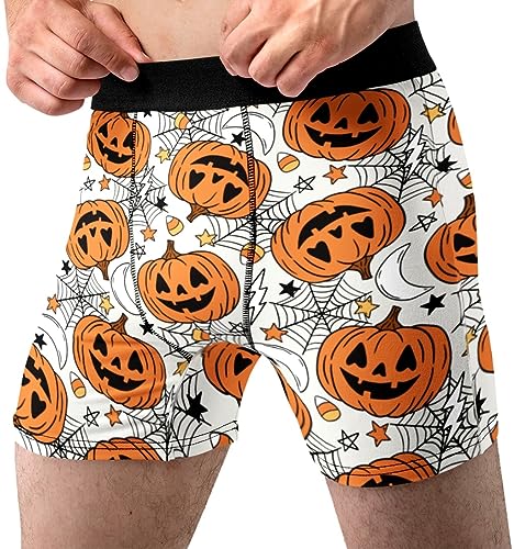 Random Stock Apparel Halloween Underwear for Men Slim Fit Hilarious Boxer Brief Horror Scary Fun Gift for Guys (US, Alpha, Large, Regular, Regular, White Pumpkin)