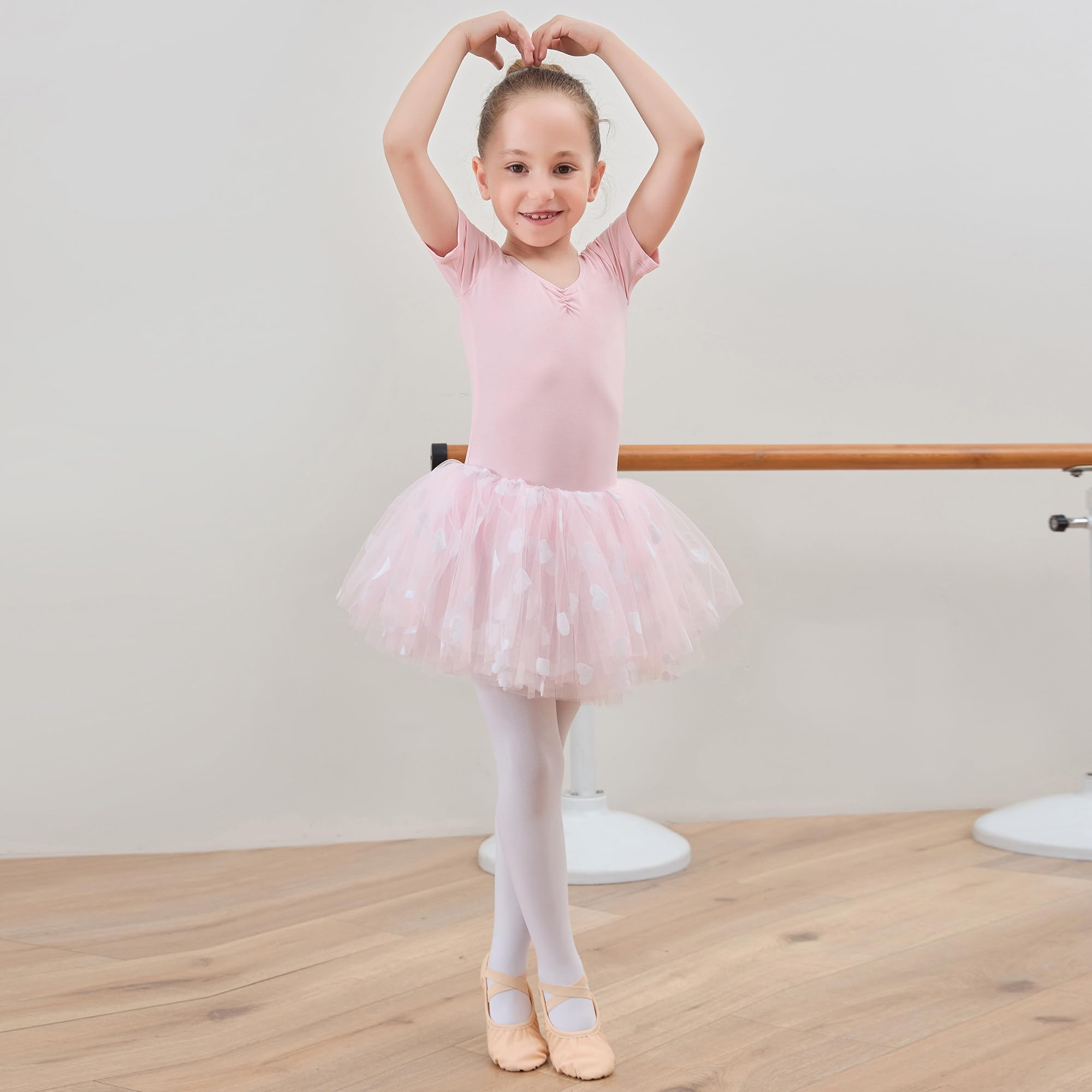Kinder Mädchen Ballettkleidung Ballettkleid Kurzarm Balletttrikot Baumwolle Ballettanzug Tanzkleid Tanzbody mit Herzmuster Rock Tütü
