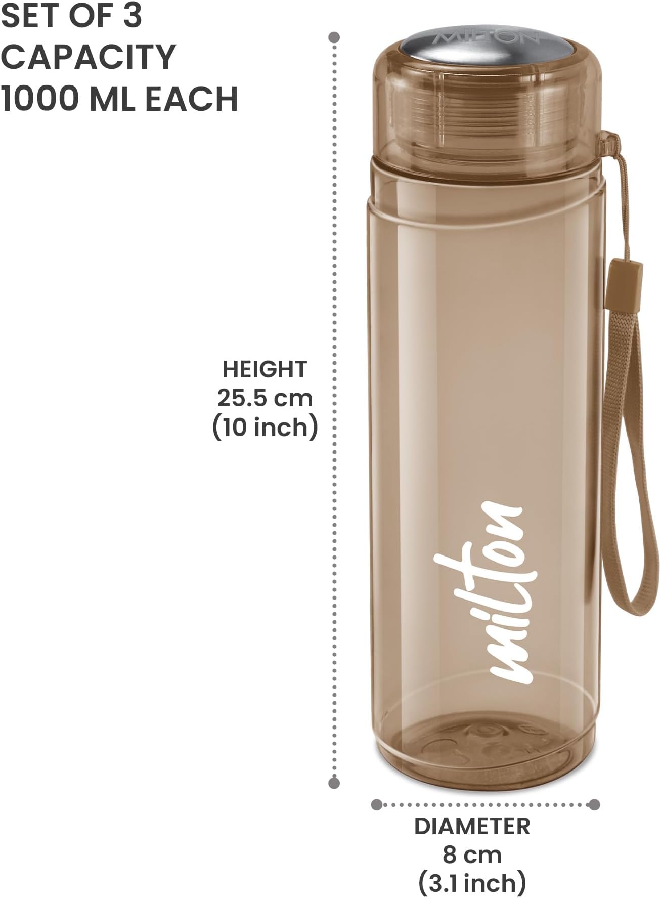 Milton Hector 1000 Pet Water Bottle Set of 3, 1000 ml Each, Brown | Recyclable | Reusable | BPA Free | Food Grade | Leak Proof | Gym | Office | Home | Kitchen | Treking | Travel | Hiking