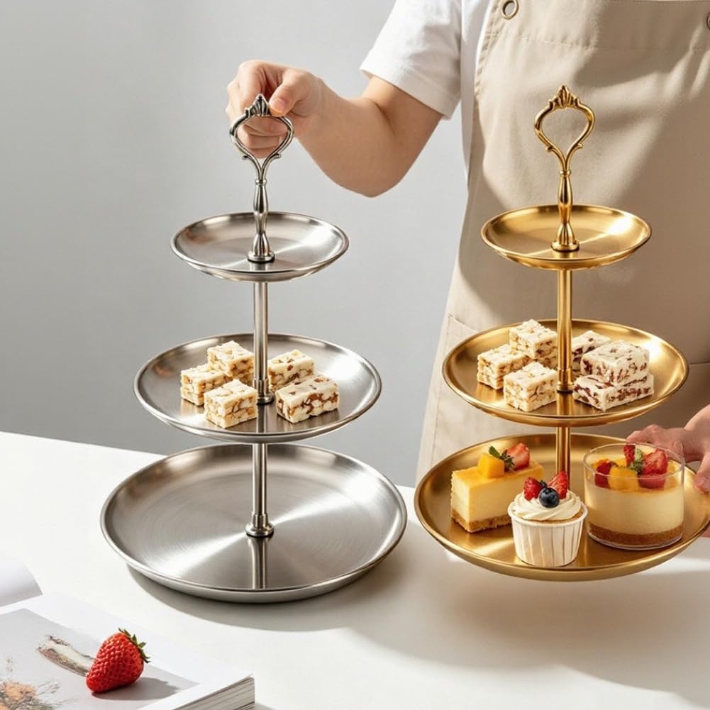 Présentoir à gâteau rond à 3 étages en acier inoxydable pour cupcakes et collations, plateau à gâteau empilable pour mariage, anniversaire, fête, facile à nettoyer, doré/argenté (or)
