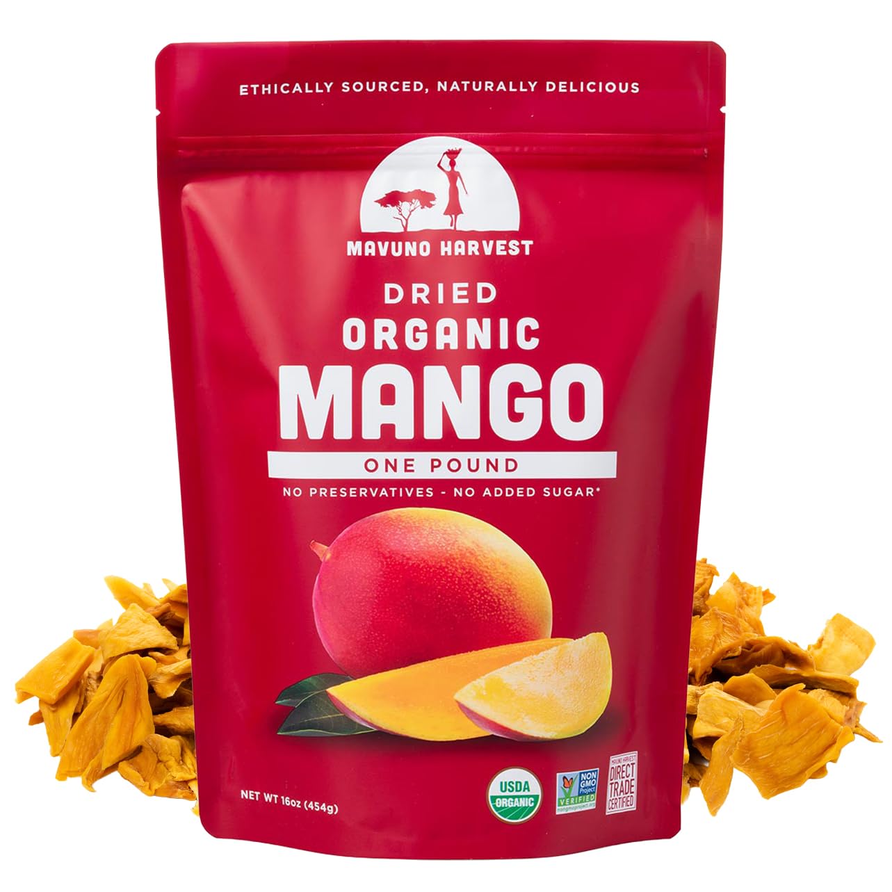 Mavuno Harvest Mango Dried Fruit Snacks,Unsweetened Organic Dried Mango Slices,Gluten Free Healthy Snacks for Kids and Adults,Vegan, Non GMO, Direct Trade,1 Pound Resealable Bag