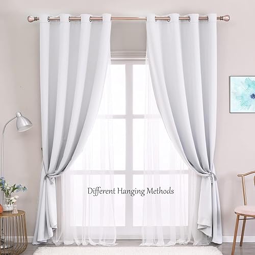 Miniatura 7 de Cortinas blancas grisáceas de 84 pulgadas de largo, cortinas transparentes de gasa de doble capa y paneles de cortinas con dobladillo de encaje para