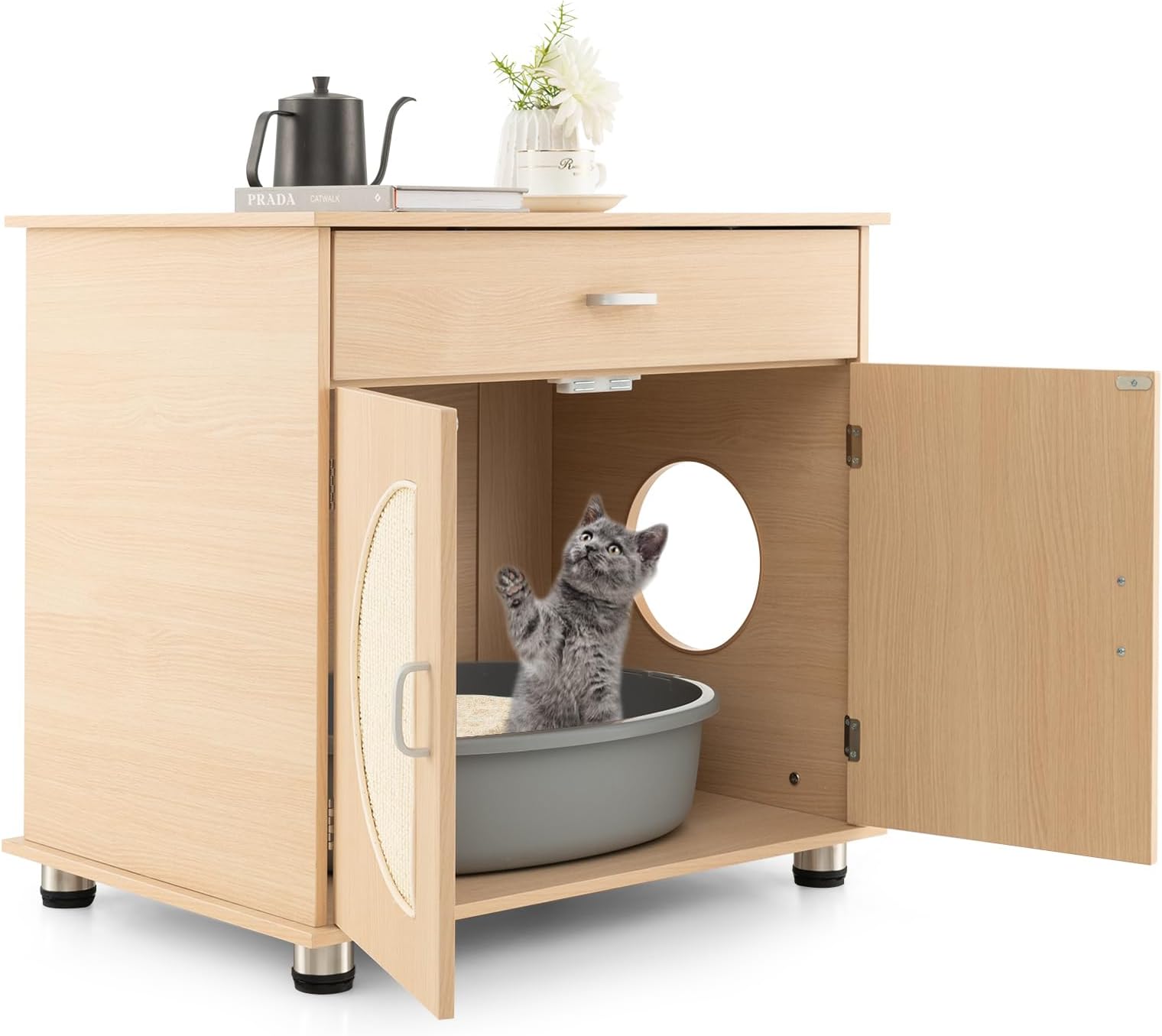 PETSITE Cat Litter Box Enclosure, Hidden Litter Box Furniture with Drawer and