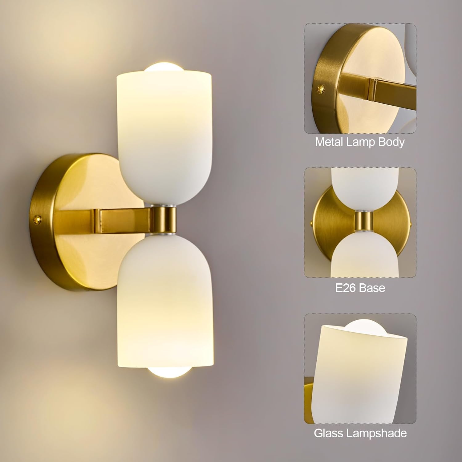 Gold Wall Sconces Set of Two Modern LED Bedside Reading Wall Light Fixture with Glass Wall Lamp for Bedroom Living Room Dining Room Reading Room Hallway(2-Light)