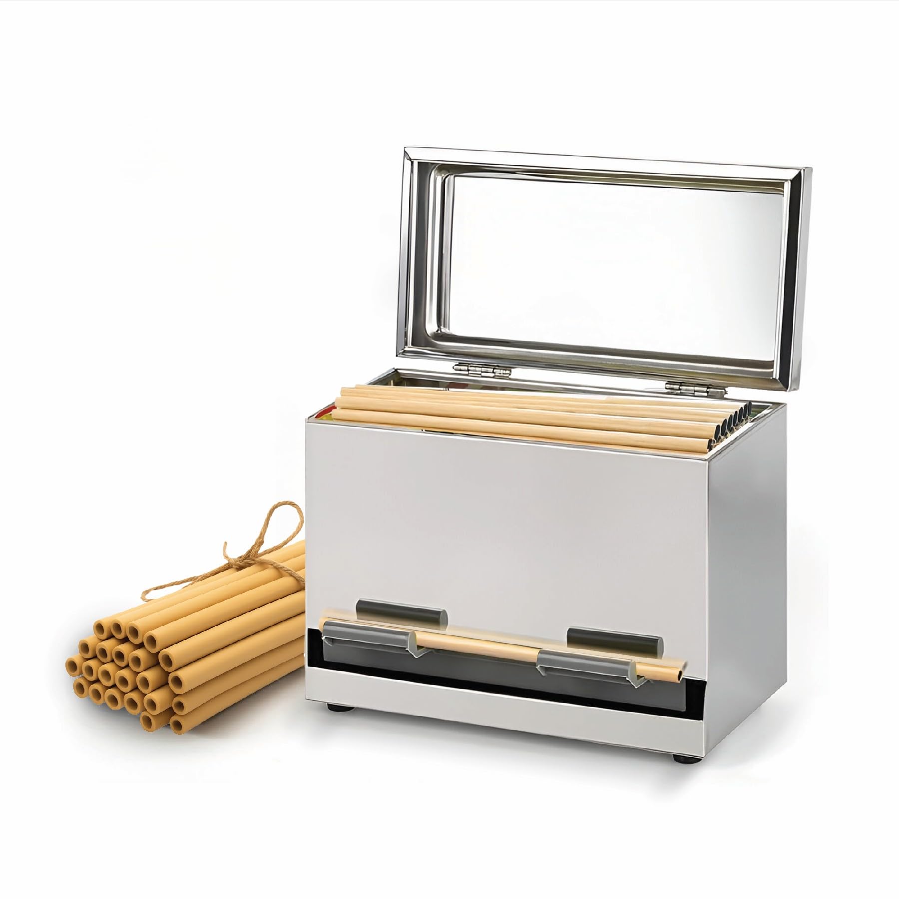 LuxCollections Stainless Steel Straw Dispenser - Holds Up To 200 Straws - Metal Drinking Straw Holder With Lid - For Commercial Shop Counter or Home