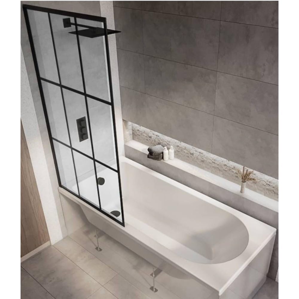 Milano Ballam White 1700mm x 700mm Single Ended Round Shower Bath Black Grid Screen