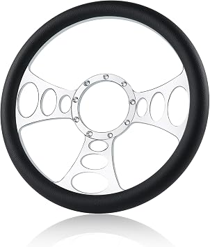 9 Bolt Disc Steering Wheel, 14" Leather billet steering wheel, 3-Spoke with Holes, Fits most 9-hole car