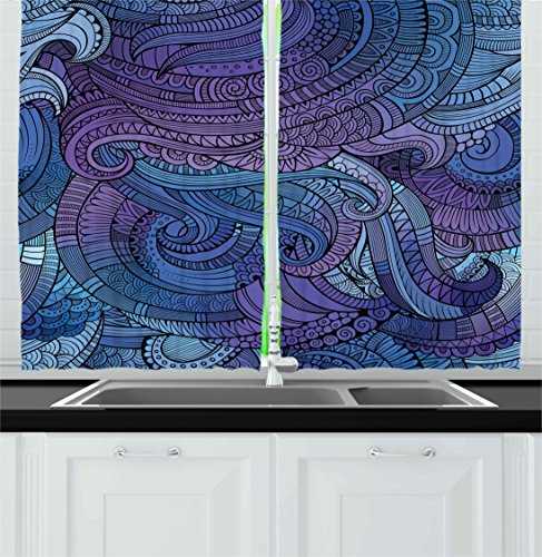 Ambesonne Abstract Kitchen Curtains, Ocean Inspired Graphic Paisley Swirled Hand Drawn Artwork Print, Window Drapes 2 Panel Set for Kitchen Cafe Decor, 55" x 39", Blue Purple