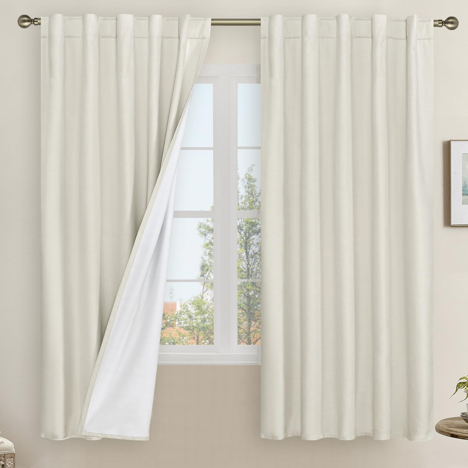 LAMIT Natural 100% Blackout Linen Curtains, 63 Inches Linen Textured Thermal Bedroom Curtains Back Tab and Rod Pocket Neutral Panels with White Liner