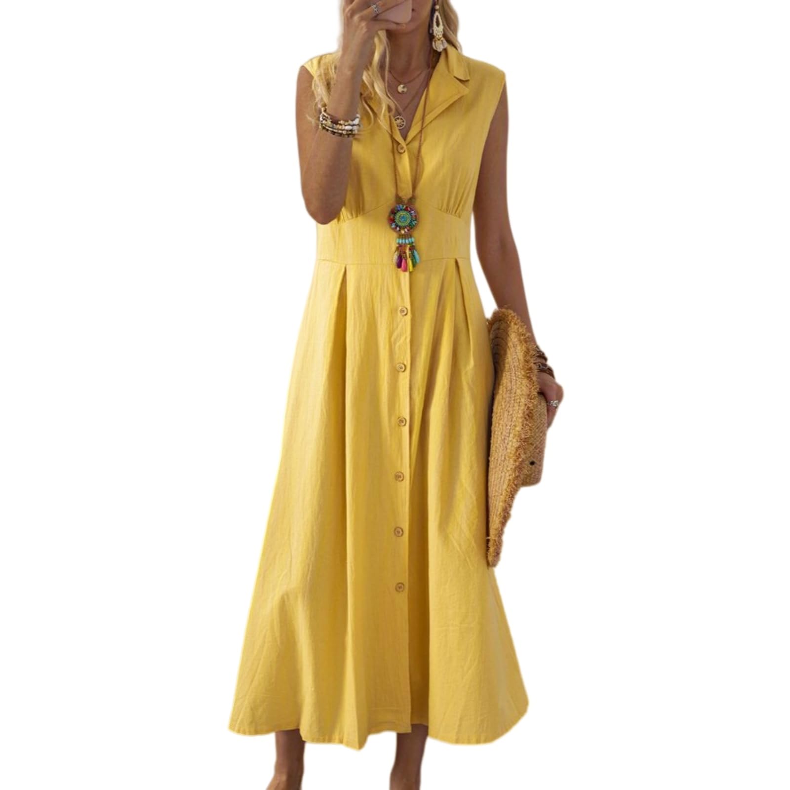 Vestito Donna Cotone Biancheria Maxi Abito, Cerniera A-Line Sciolto Lungo Abito per Le Vacanze Estive Abiti-Yellow-XXL