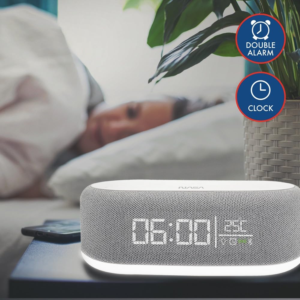 NASA Wecker SPC400 – Radiowecker, Bluetooth-Lautsprecher, Lautsprecher 5 W x 2, kabelloses Laden 15 W, Nachtlicht, Lithium-Akku, USB-C-Kabel im Lieferumfang enthalten – Grau