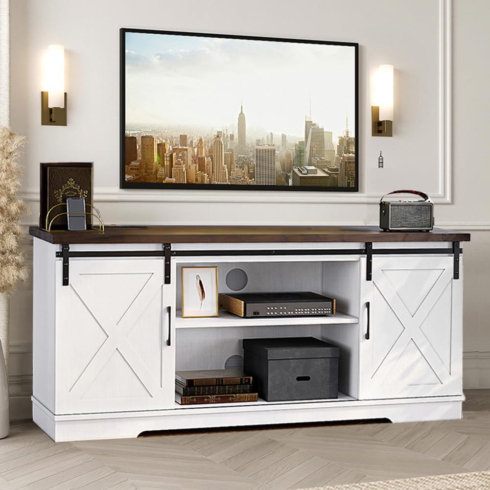 IFarmhouse TV Stand, Entertainment Center for 65 Inch TV Media Console Cabinet, White Barn Doors TV Stand with Storage and Shelves, Modern TV Console Table Furniture for Livingroom