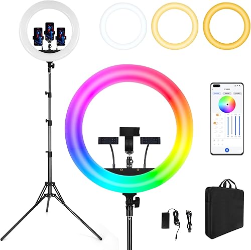 LDGHO Anillo de luz de 19 pulgadas, controlado por Bluetooth móvil, con trípode y soporte para teléfono, 45 W a todo color, para transmisión en