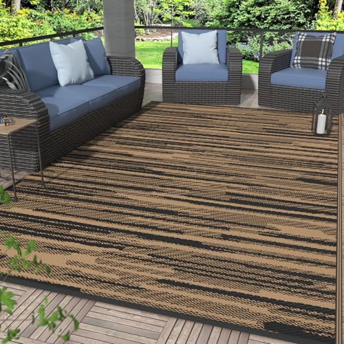 Image of GENIMO Outdoor Rug, Waterproof Plastic Rugs for Patio, 6'x9' Walnut Brown | Outside Larger Modern Carpet Mat for Porch Decor, Deck, Balcony, Camping, RV, Backyard, Picnic, Beach, Reversible, Foldable