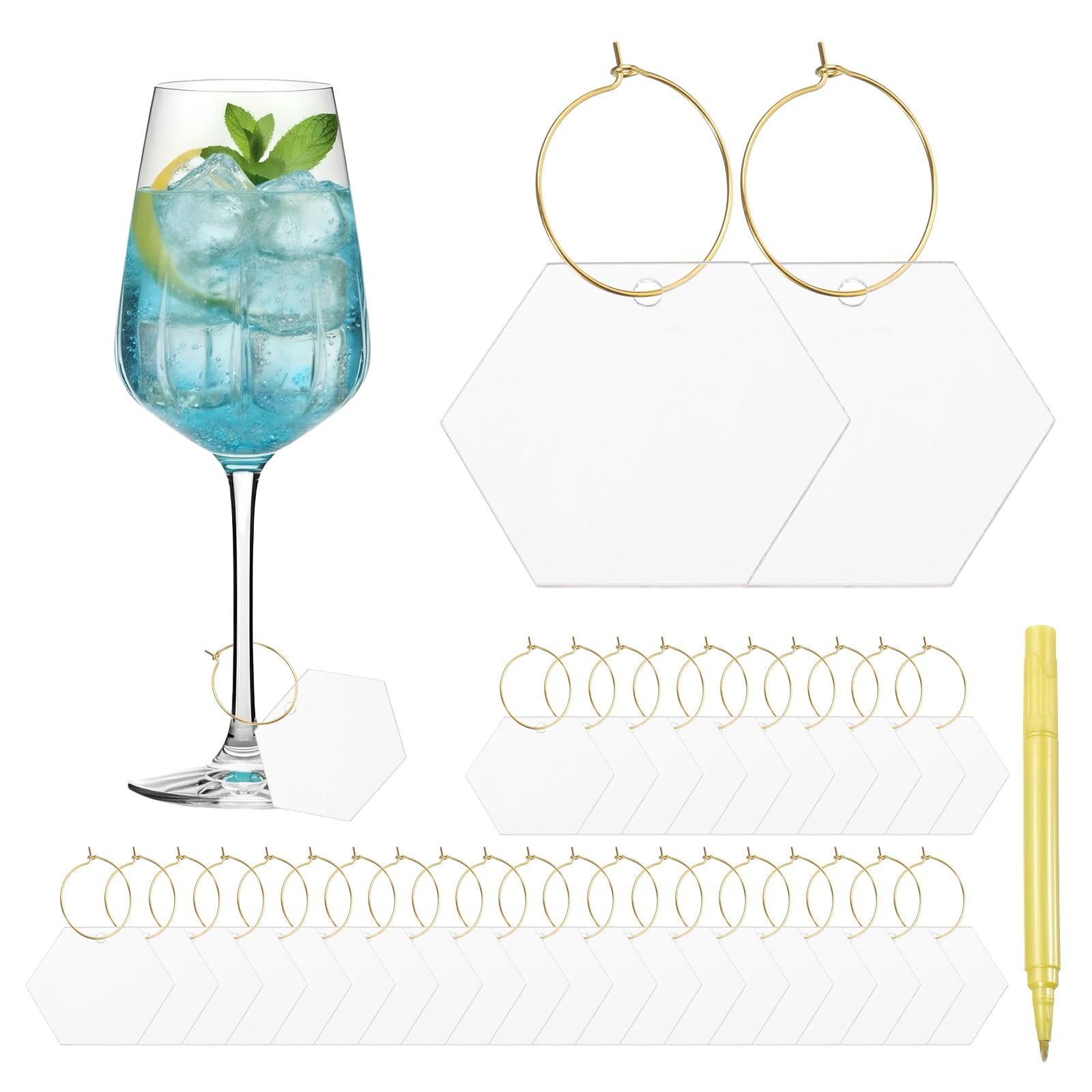 sourcing map 40 Pcs Wine Glass Charm with Ring Tags, Drink Glass Identifiers Acrylic Keychain Blanks with Gold Marker for Stem Glasses Wedding Party Birthday DIY Craft, Clear Hexagonal