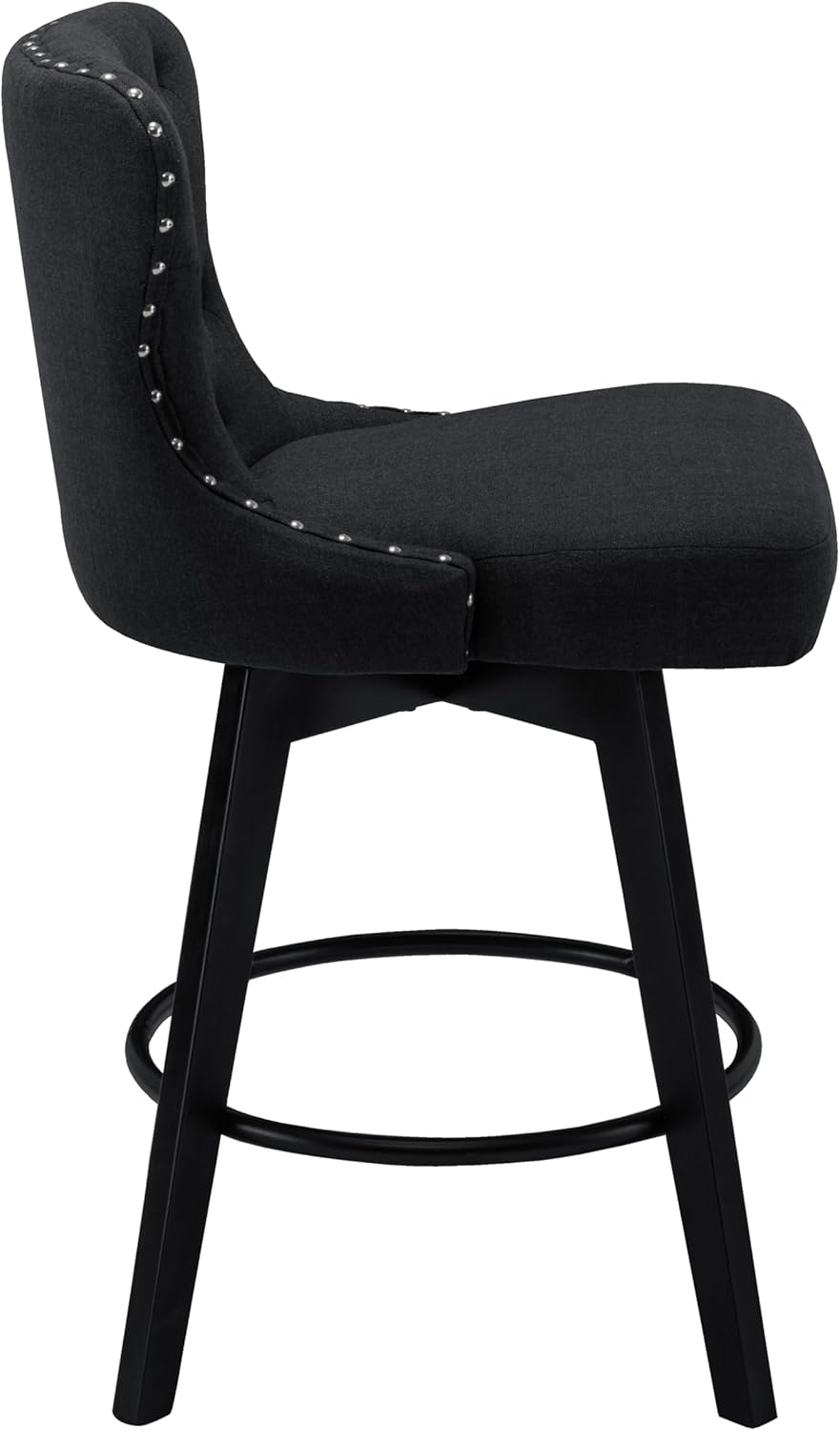 Counter Height Bar Stools Set of 2, 360° Swivel Bar Stools with Button Tufted, 26 Inch Upholstered Barstools with Solid Wood Legs for Kitchen Island, Performance Fabric in Charcoal Gray