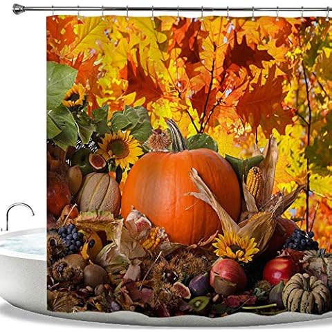 Hiyoo Halloween Design Shower Curtain Sets with Hooks, Bathtub Waterproof Curtain Hallowmas Christmas Art Decor Decorations - Harvest Pumpkin 72" W x 72" L Cover