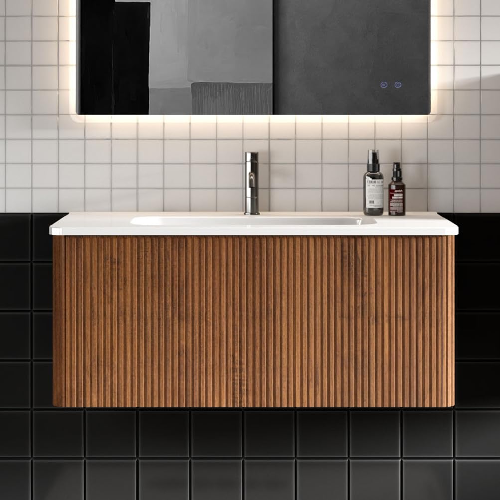 SSLine36" Wall-Mount Bathroom Vanity with Sink Single Bathroom Vanity Set with White Ceramic Basin &Storage Drawer Modern Striped Walnut Floating Vanity Sink Cabinet for Small Space