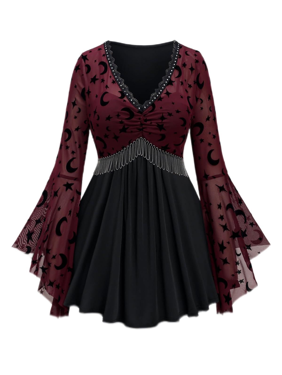 Rosegal Damen-T-Shirt, Übergröße, romantisch, Gothic, Schnürung, Glockenärmel, Renaissance-Oberteil, Gothic-Kostüm, Oberteil