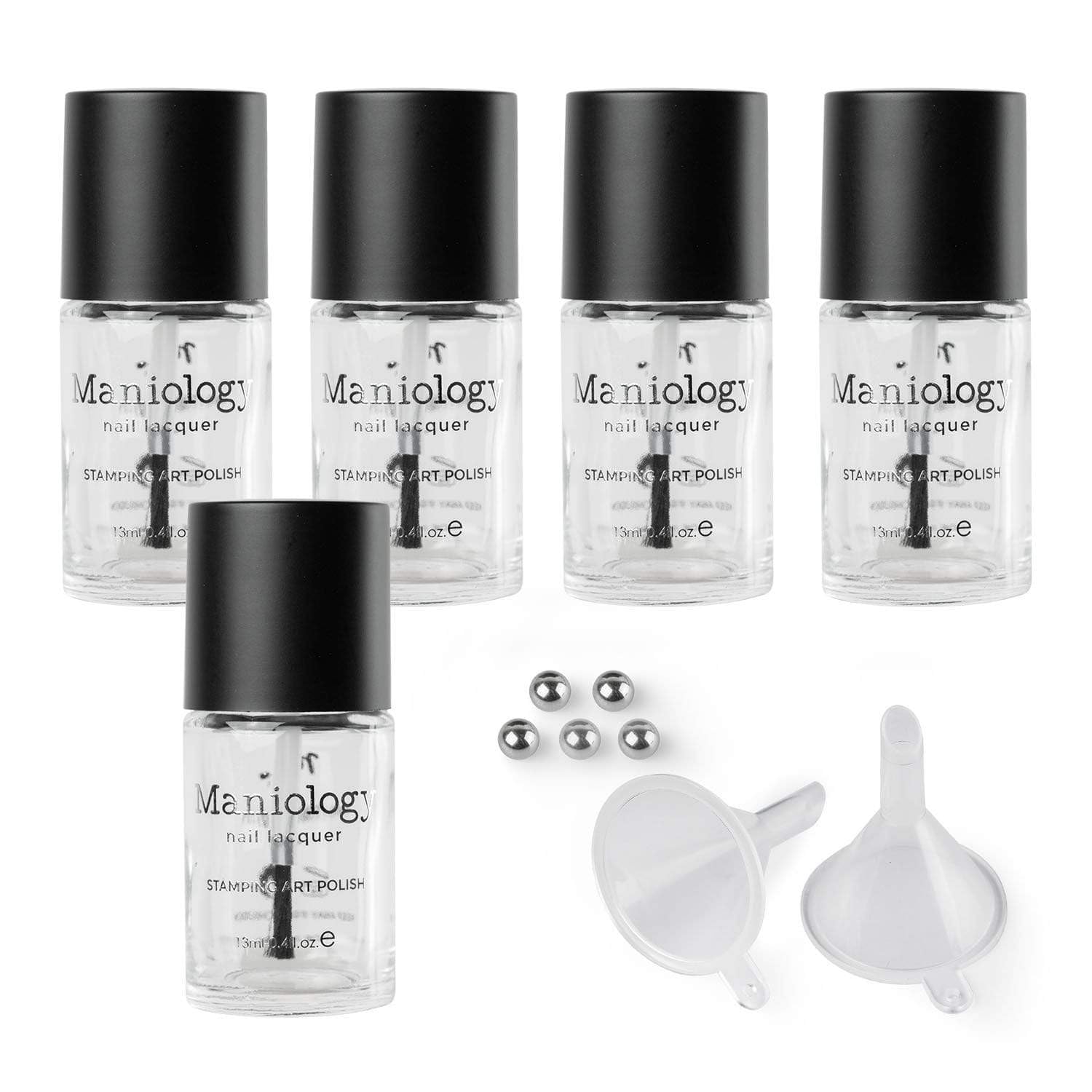 Maniology Empty Nail Polish Bottle Set | 5-Piece Refillable Bottles with Wide Brush for DIY Nail Polish, Stamping Polish, Cuticle Oil, Treatments, Glitter & Custom Creations