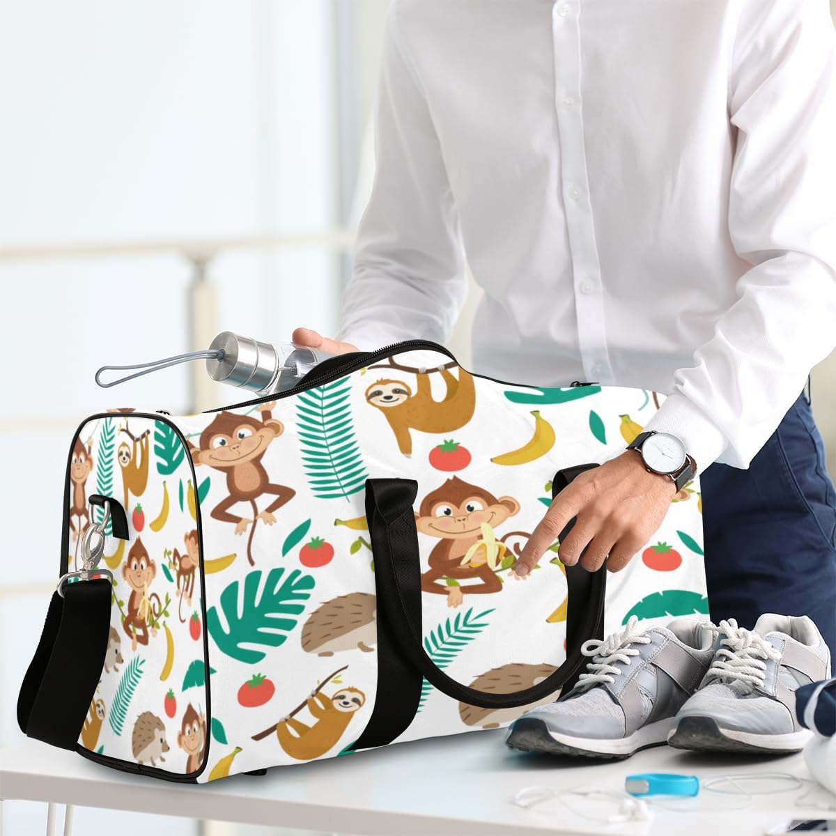 Monkey Hedgehog Banana Travel Duffel Bag for Women Men Large Capacity Overnight Weekender Bags for Lightweight Waterproof Sport Gym Bag for Workout Yoga Swim