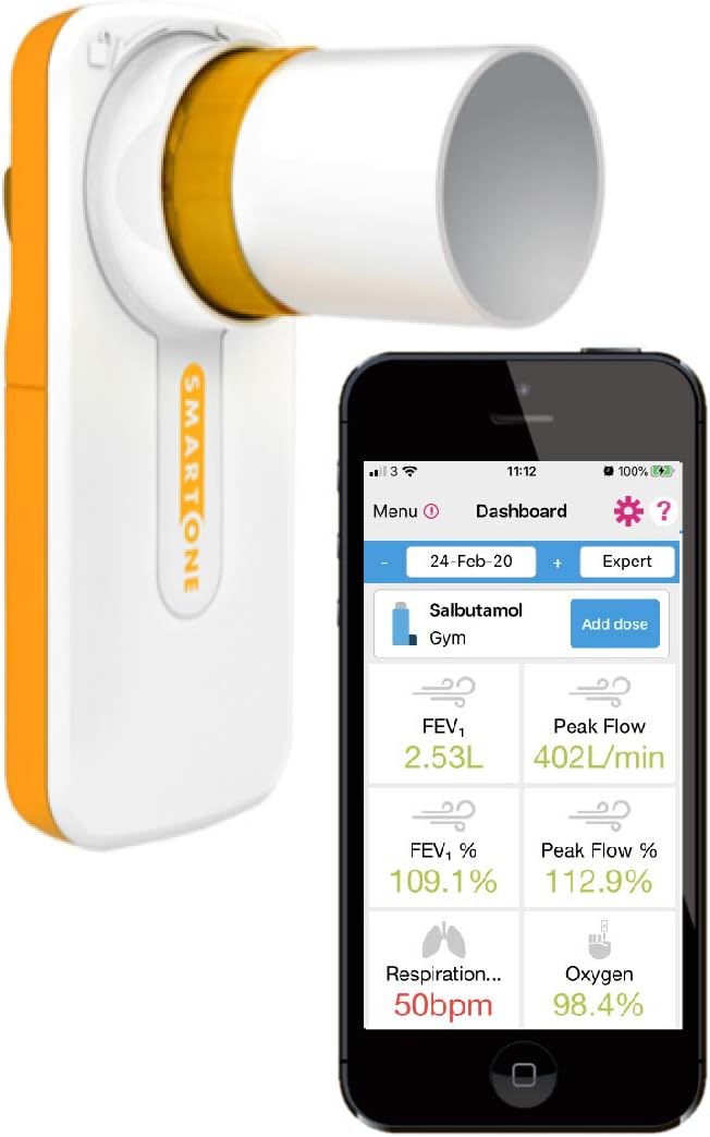Bluetooth Peak Flow FEV1 Lung Function and Airways Monitor with Activ8rlives4 App - Asthma, COPD, Cystic Fibrosis, Bronchiectasis and Non-invasive Tracking of Lung Performance