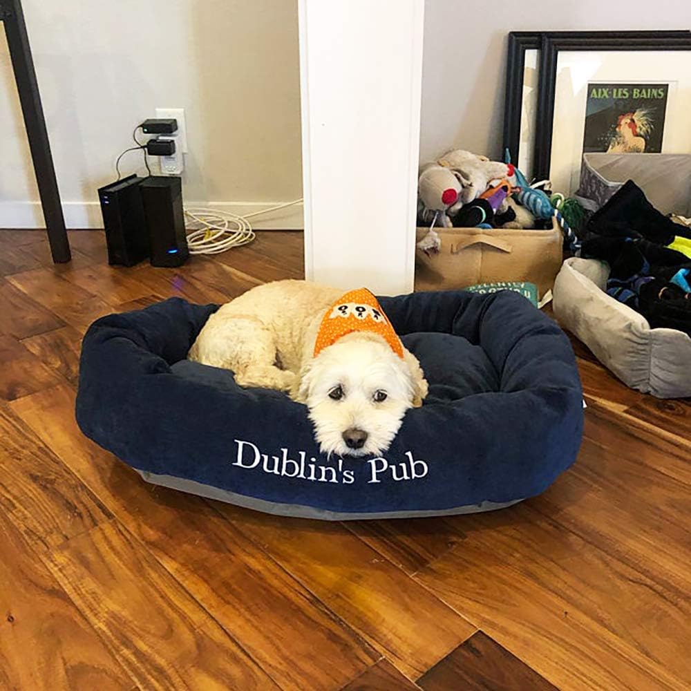 Majestic Pet Personalized Bagel Dog Bed - Machine Washable - Soft Comfortable Sleeping Mat - Durable Supportive Cushion Custom Embroidered - Available Replacement Covers - Small Navy Blue