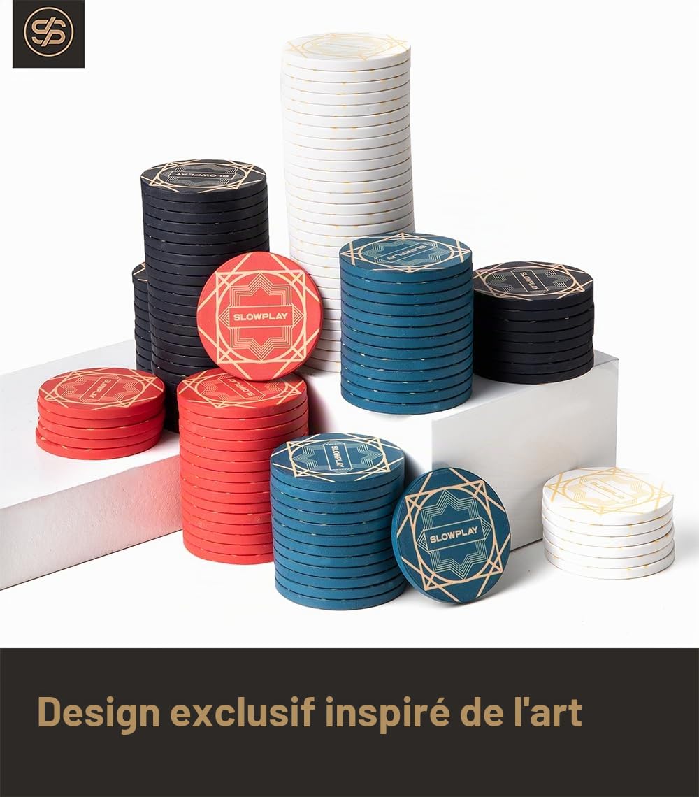 SLOWPLAY Jetons Poker céramique Nash, 10 g/39 mm, Lot de 50 | Composite céramique premium; toucher mat lisse; qualité casino; design Art déco; s’empile et se mélange facilement