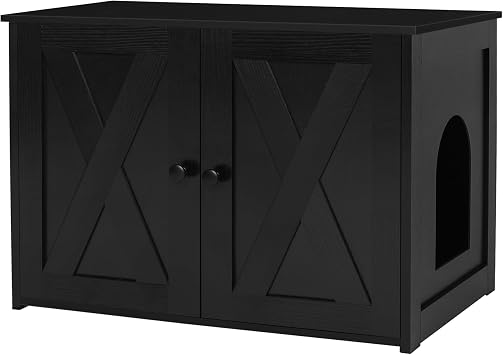 Dwanton Cat Litter Box Enclosure, Hidden Litter Box Furniture, 27.6 Inches | Reversible Entrance Can Be on Left or Right Side, Wooden Cat Washroom Furniture, Double Doors, End Table, Black