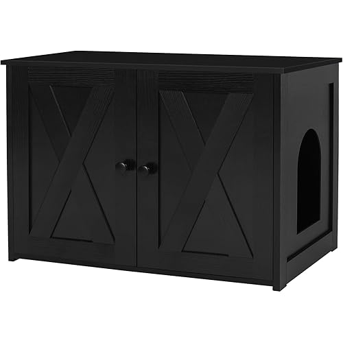Dwanton Litter Box Enclosure, Cat Litter Box Furniture Hidden, Reversible Entrance Can Be on Left or Right Side, Wooden Cat Washroom Indoor, Black, 27.6 Inches