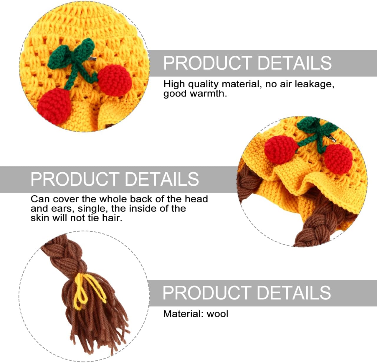 1 Pc Baby Knitted Woolen Hat - Handmade Yellow Earflap Beanie with Red Cherry Braids for Toddler Girls Winter Warm Stretchy Soft Crochet Cap Infant Birthday Photo Prop 15.75 in