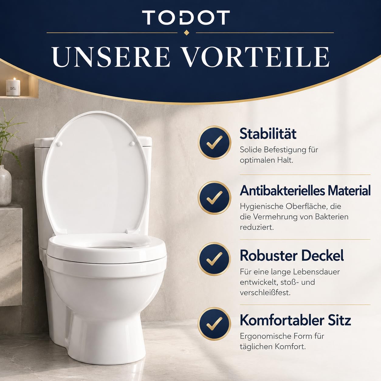 WC-Sitz erhöht 5cm für ältere/behinderte Menschen, WC-Sitzerhöhung Toilettensitz aus Duroplast, leiser Absenkautomatik, verstellbare Edelstahl-Scharniere (250 kg, Universal) (O-Form)